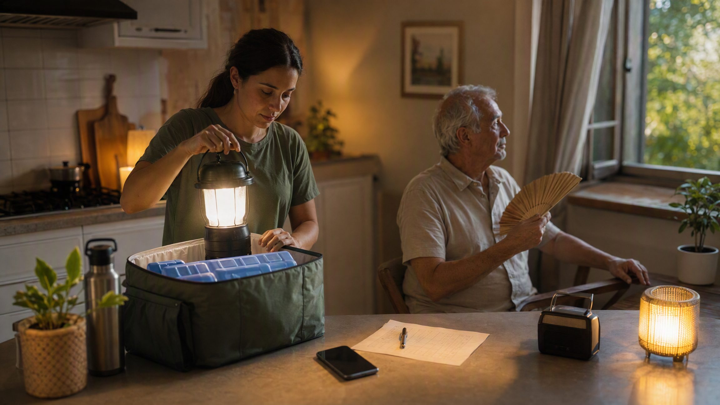 An adult daughter checking a battery lantern and cooler while her elderly father sits calmly near an open window during a power outage.