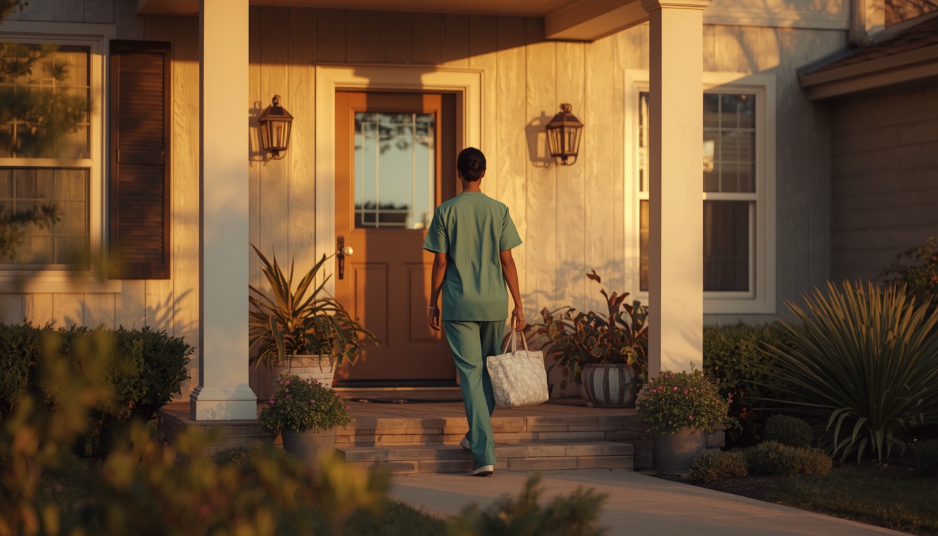 A nurse in scrubs walking up to a home's front porch at golden hour, carrying a soft medical tote bag.
