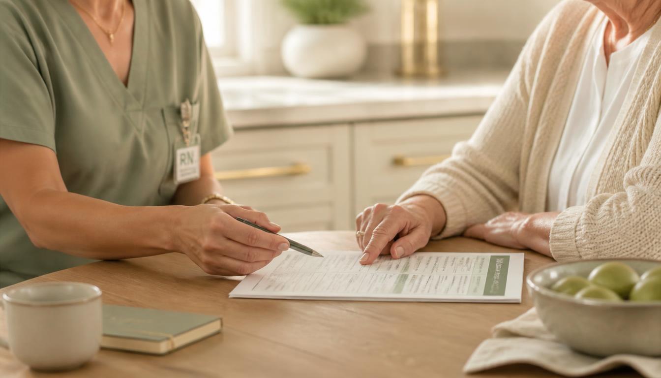 A nurse and a client reviewing a printed care plan document together at a kitchen table.