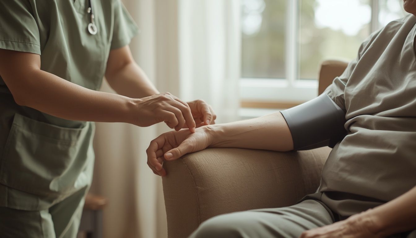 A nurse's hands checking an elderly patient's pulse at the wrist, the patient seated in an armchair by a window.