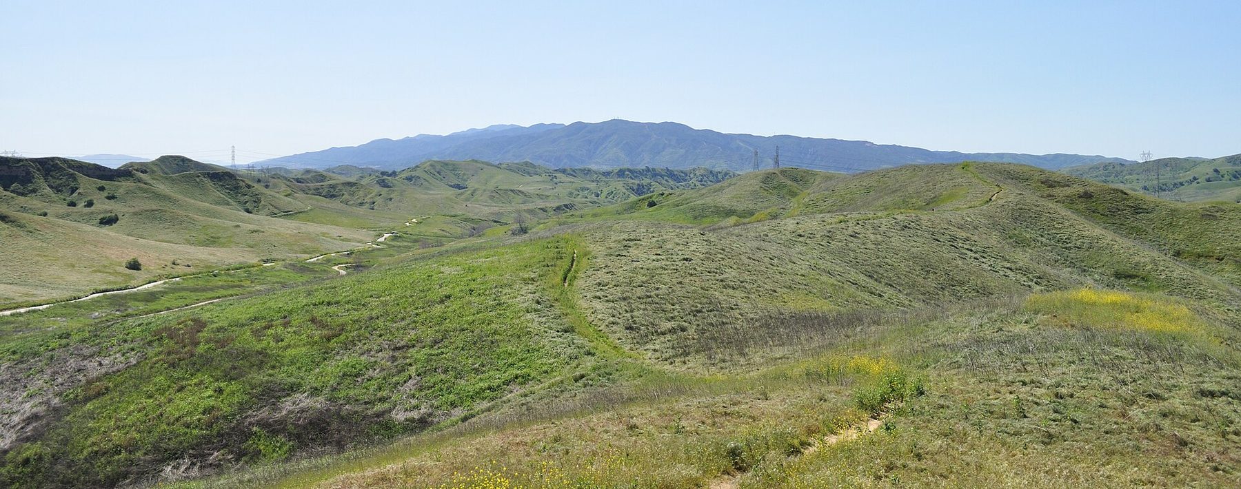 Green spring hills and a walking trail in Chino Hills State Park, with the Santa Ana Mountains on the horizon.