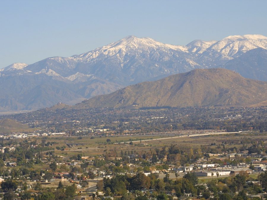 View from Mount Rubidoux across the city of Riverside toward the snow-covered San Bernardino Mountains.