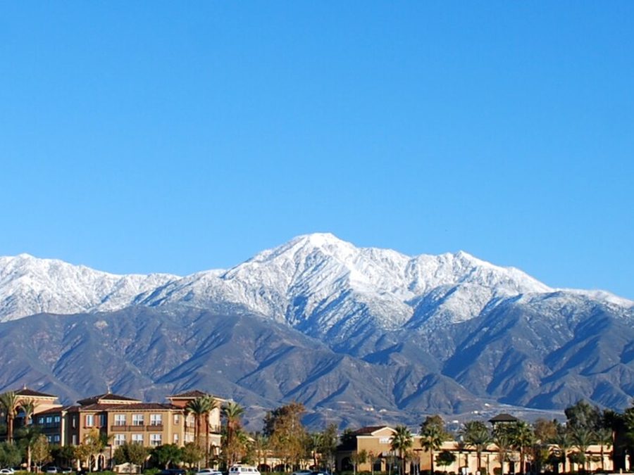 Snow-covered Cucamonga Peak rising above rooftops and palms in Rancho Cucamonga, San Bernardino County.