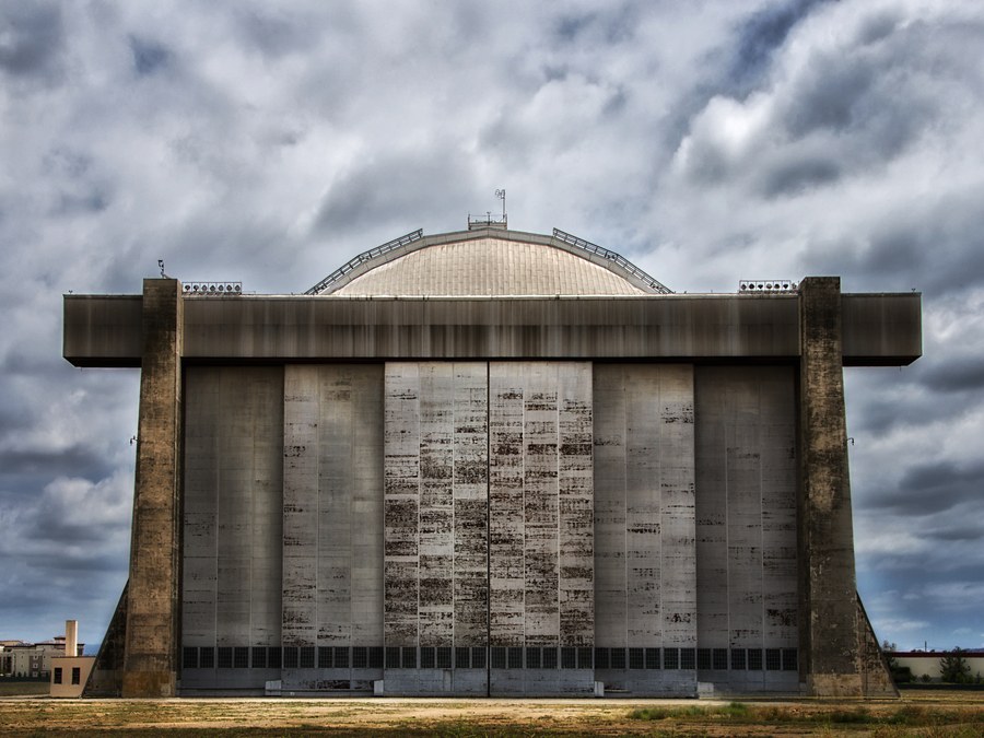 One of the two enormous wooden blimp hangars at the former Marine Corps Air Station in Tustin, among the largest freestanding wooden structures in the world.
