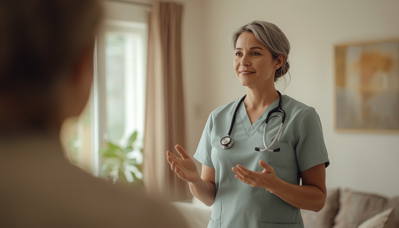 A registered nurse in scrubs with a stethoscope explaining care options to a family member in a sunlit living room