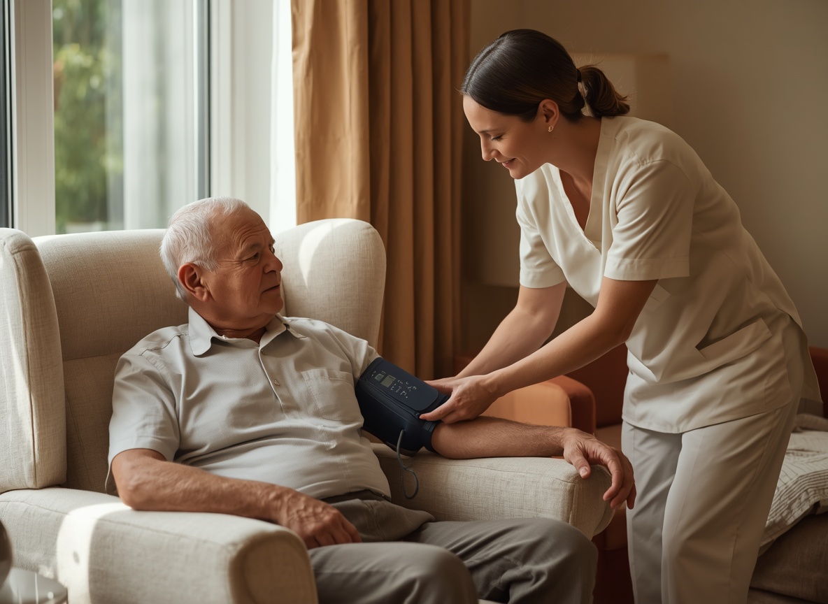 A registered nurse checking an older man's blood pressure as he rests in an armchair in his own living room after a stroke.