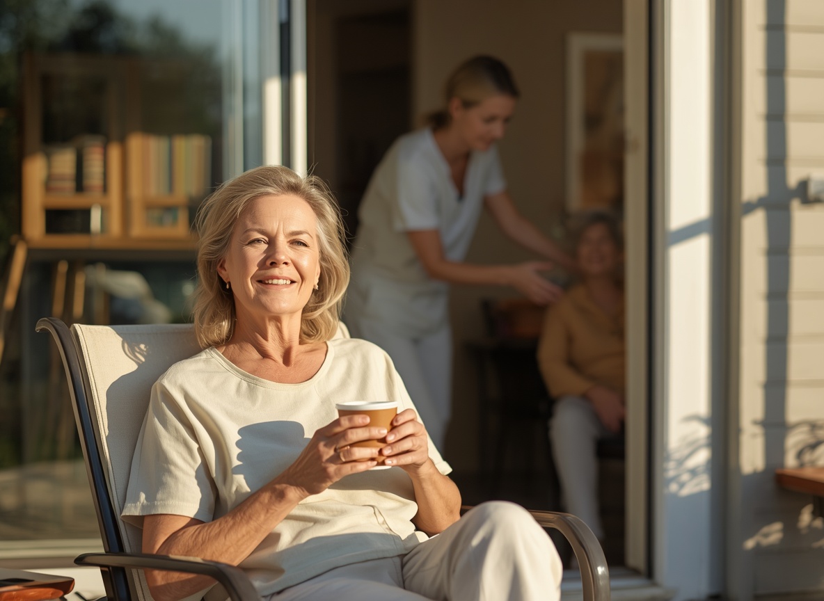 A family caregiver resting on a sunlit porch while a nurse sits with her mother inside the house.