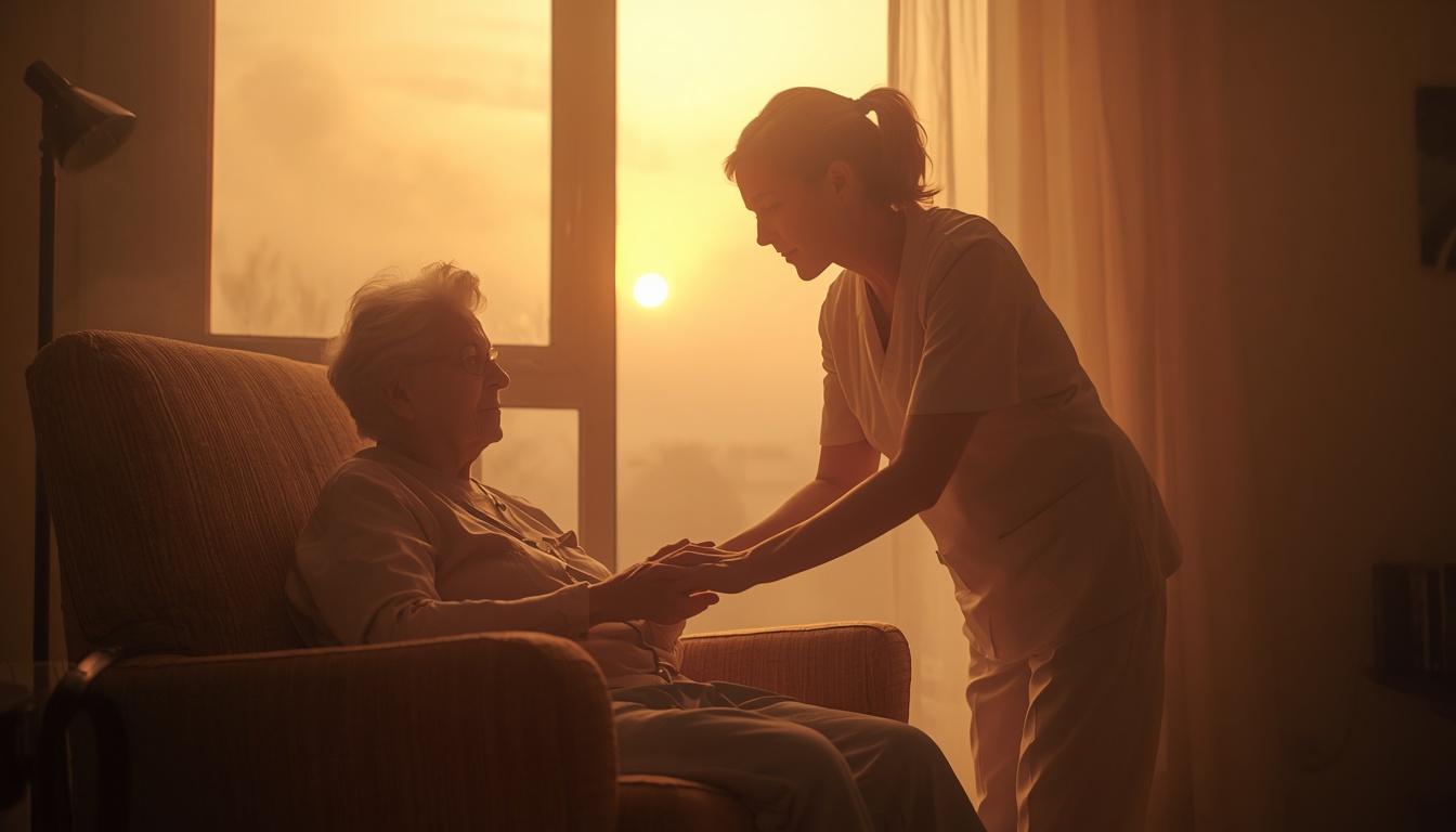 A nurse checking on a senior client at home while a smoky, hazy sky is visible through the window during a wildfire smoke advisory.